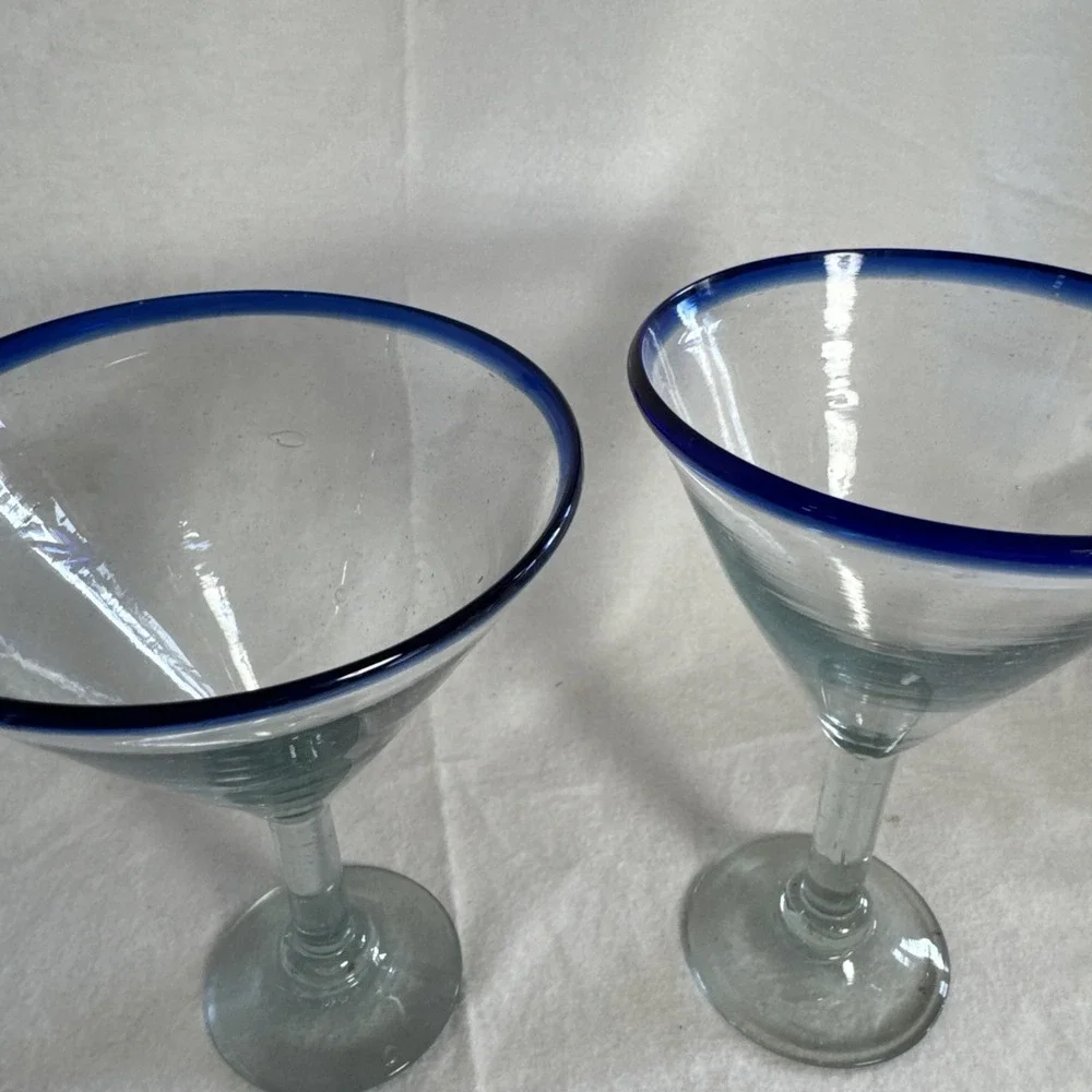 2 Tall Mexican Style Martini Margarita Glass Cobalt Blue Rim Handmade Glass
